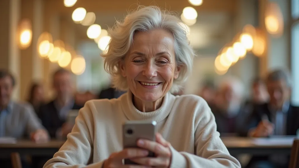 Starší žena se usmívá během výuky práce se smartphonem v moderní učebně