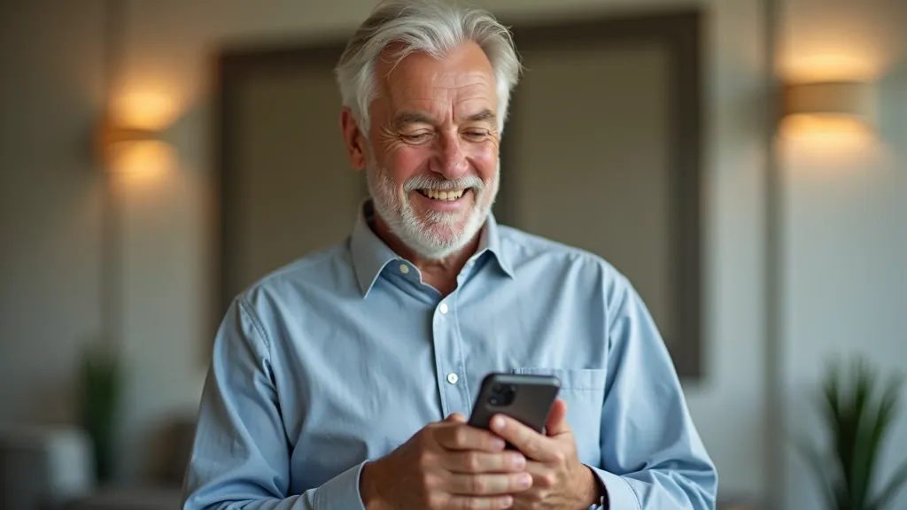 Starší muž s úsměvem drží telefon v ruce a kouká na obrazovku