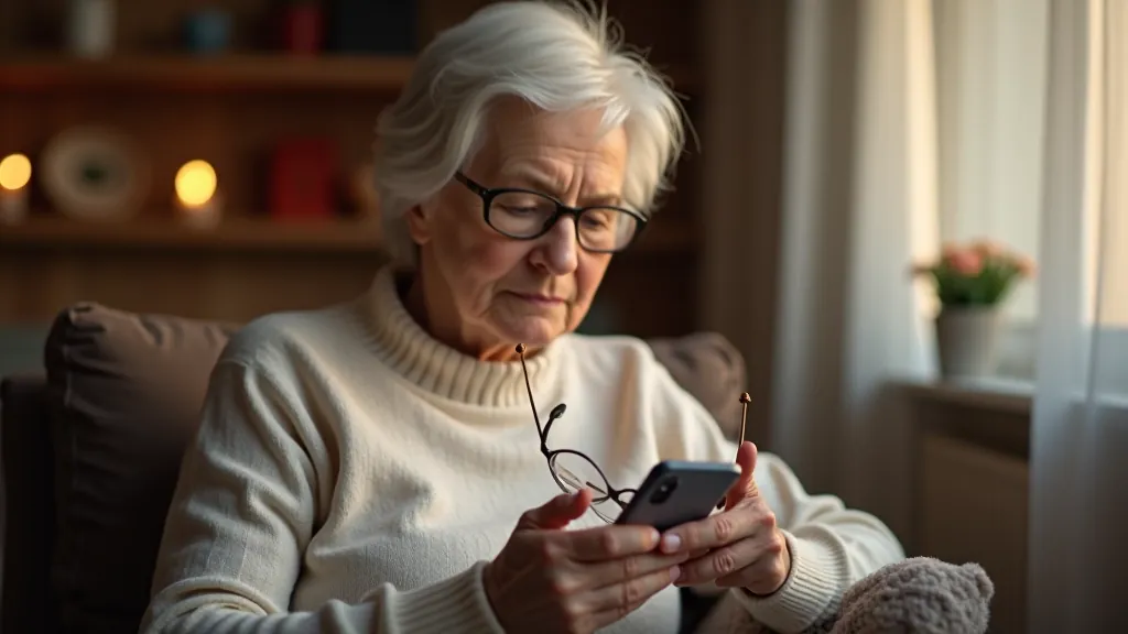 Starší žena se brýlemi čte text na telefonu se zvětšeným písmem