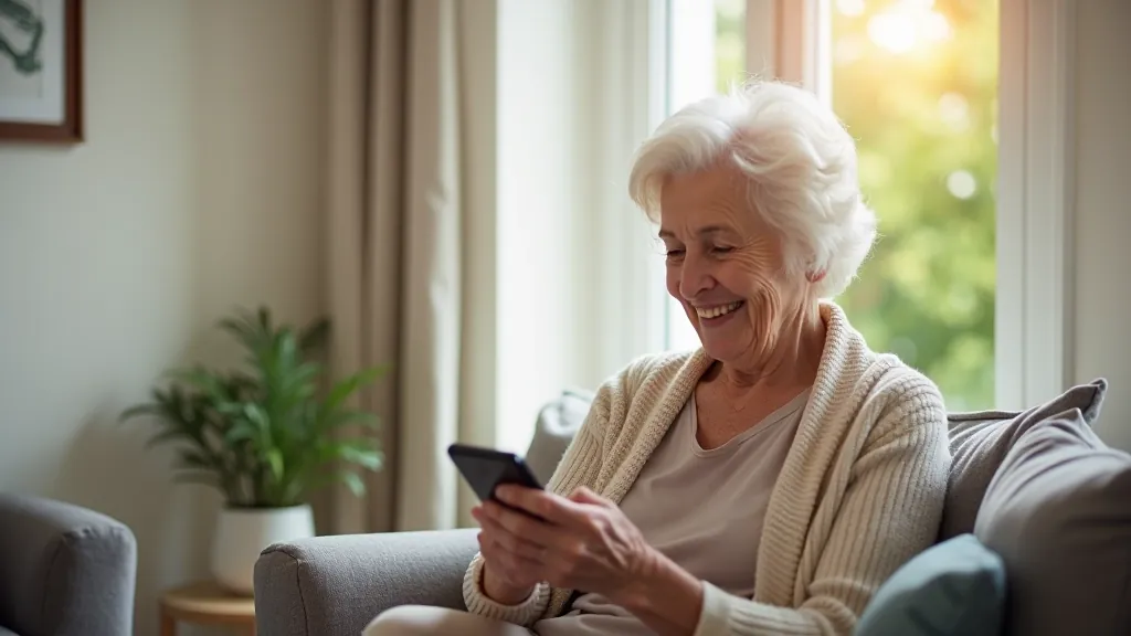 Starší žena se usmívá a drží chytrý telefon v ruce při čtení zpráv