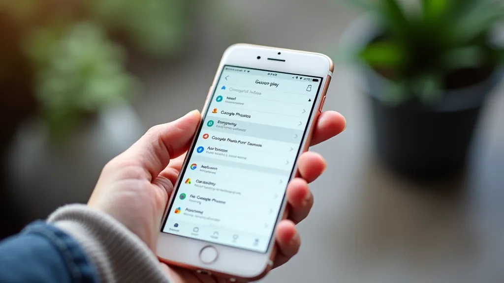 Displej telefonu s aplikací Google Play Store a vyhledávanou aplikací Google Fotky zvýrazněnou v seznamu