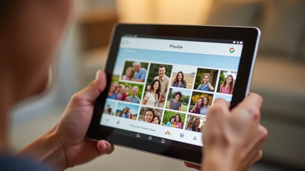 Displej tabletu s otevřenou aplikací Google Fotky ukazující galerii rodinných fotografií seřazené chronologicky